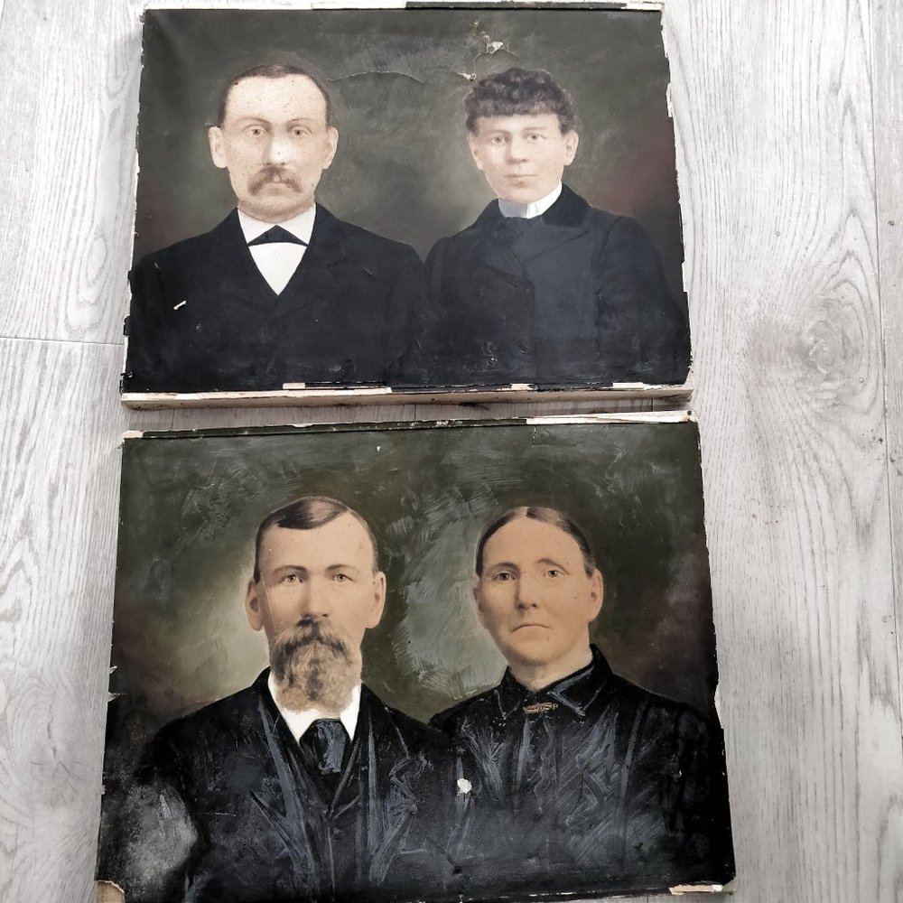 Antique Victorian Oil Painting Portraits PAIR Two Couples 19th Century Originals